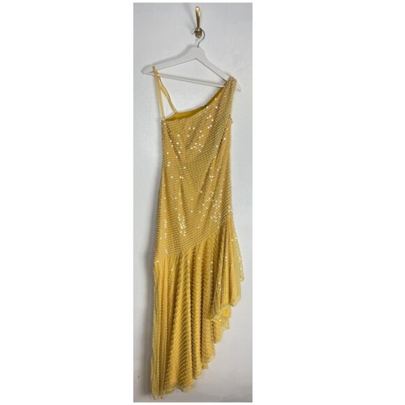 MAC DUGGAL Imitation Pearl One-Shoulder Asymmetric Gown in Yellow Size US 6 - Picture 3 of 8